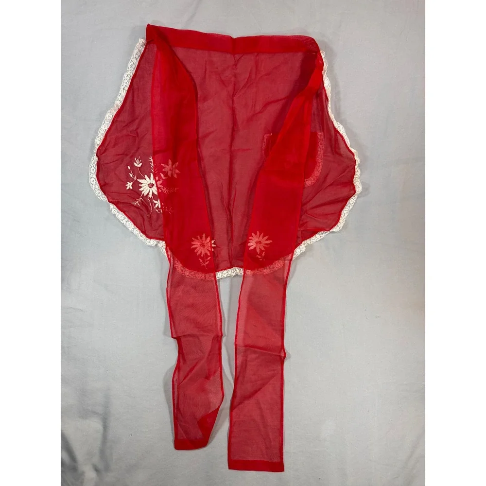 Vintage Red Sheer Organza Half Apron White Floral Embroidery Lace Trim Pocket